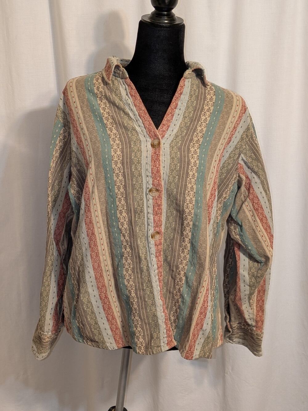 VTG Y2K Dressbarn Woman's Striped Embroidery Bohemian Hippie Blouse Sz 1X